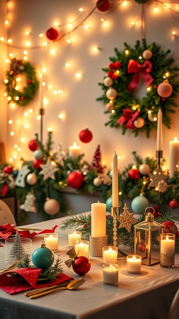 A festive Christmas party setup with DIY decorations, including handmade ornaments and string lights.